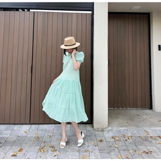 Váy maxi dáng dài tay bồng dúm eo