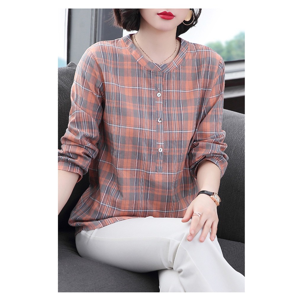 Áo sơ mi caro tay dài kích thước rộng phong cách phương tây dành cho nữ