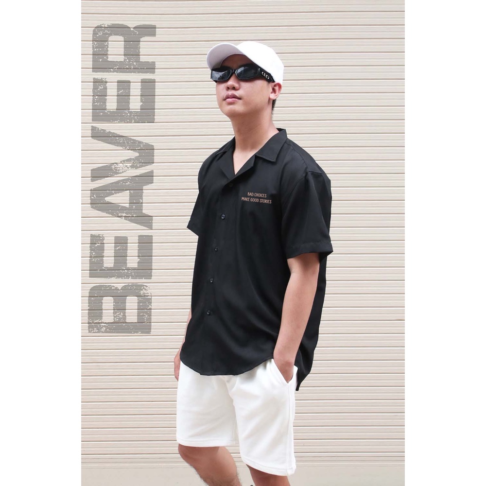 Áo Sơ Mi Hoạ Tiết BAD CHOICES đenBEAVER Tay Ngắn Cổ Vest Thời Trang Unisex Vải Lụa Chéo