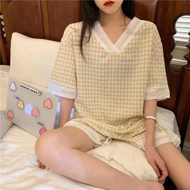 Đồ ngủ nữ cộc tay pijama, Đồ bộ nữ cộc tay dễ thương mùa hè chất mát kẻ caro | BigBuy360 - bigbuy360.vn