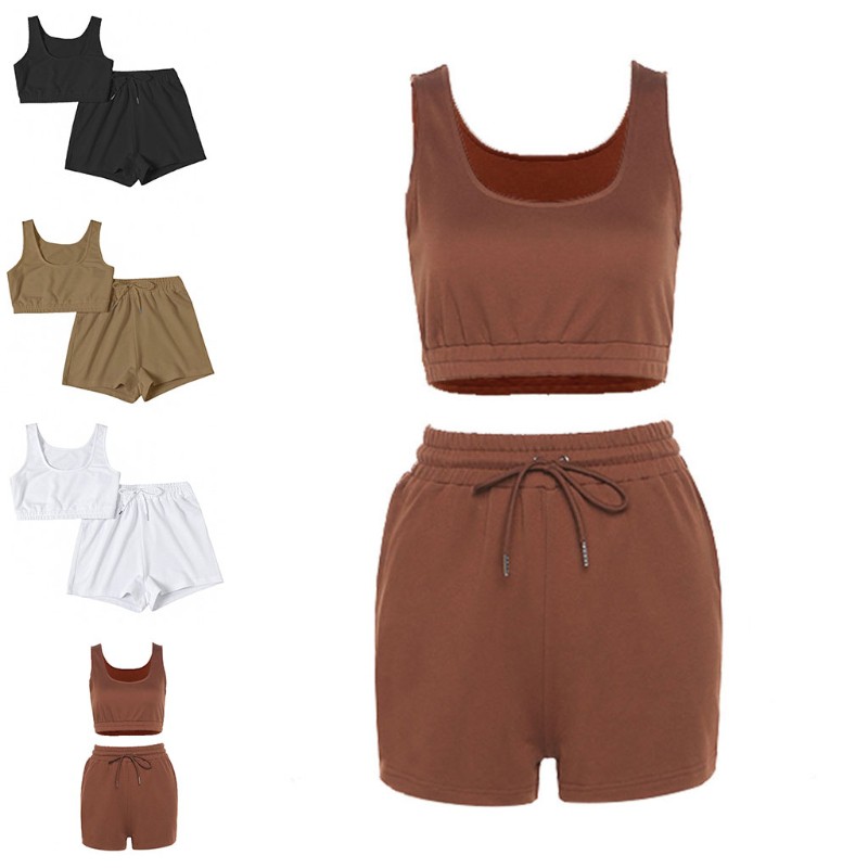 Set áo croptop 2 dây + quần ngắn màu trơn cho nữ