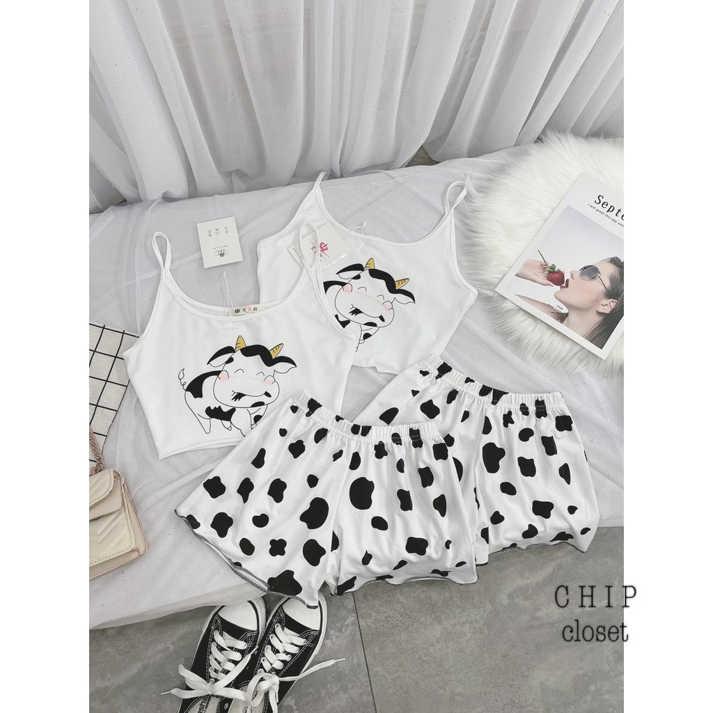 Bộ Ngủ 2 Dây Bò Sữa 💖 Quần Short Cực Hót Giá Xưởng BS001 | BigBuy360 - bigbuy360.vn