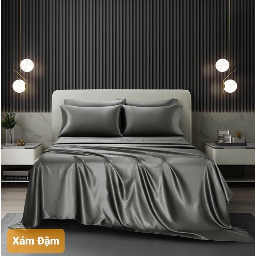 Bộ 4 Món Ga Gối Phi Lụa Cao Cấp Mát,Mềm,Mịn Lan Pham Bedding  - Xám Đậm