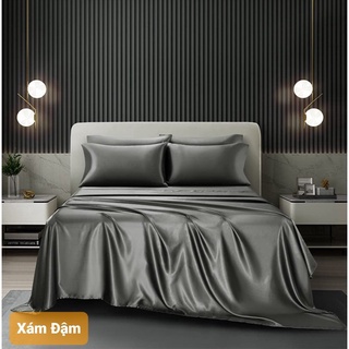 Bộ 4 món ga gối phi lụa cao cấp mát,mềm,mịn lan pham bedding - xám đậm