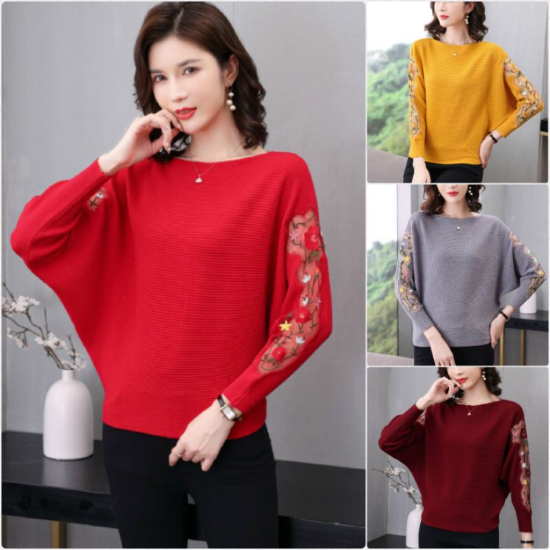 Hàng nhập - Áo len nữ cánh dơi cổ thuyền xinh xắn, áo kiểu thu đông len tăm phối ren hoa