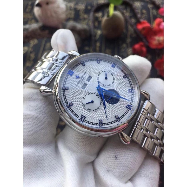 Đồng hồ Nam Vacheron constantin 6kim trăng sao size 40-41 dây da mặt trắng vỏ trắng kim xanh dây kim loại