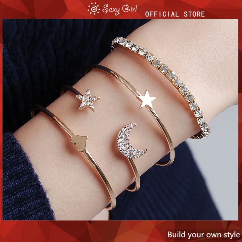 Bộ 4 Vòng Tay Hợp Kim Mạ Vàng / Bạc Phong Cách Bohemian Thời Trang Cho Nữ