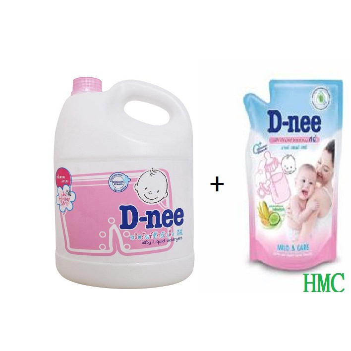 Bộ Nước giặt xả quần áo trẻ em Dnee 3000ml Thái Lan (5 màu) + Nước súc bình sữa, rửa rau quả Dnee túi 600ml