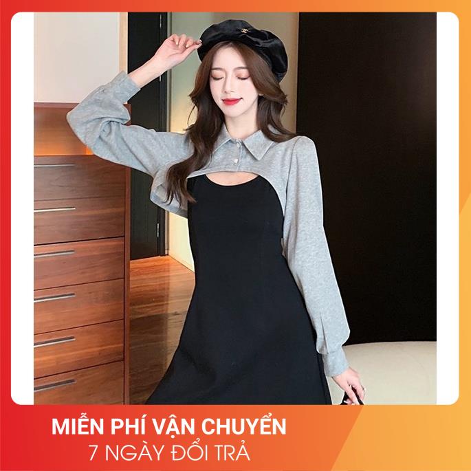 [LOẠI 1-FREESHIP] Set váy đen phối vạt sơ mi xám 24APRIL 🌸 chất len tăm mix nỉ siêu dày dặn 🌸 | BigBuy360 - bigbuy360.vn