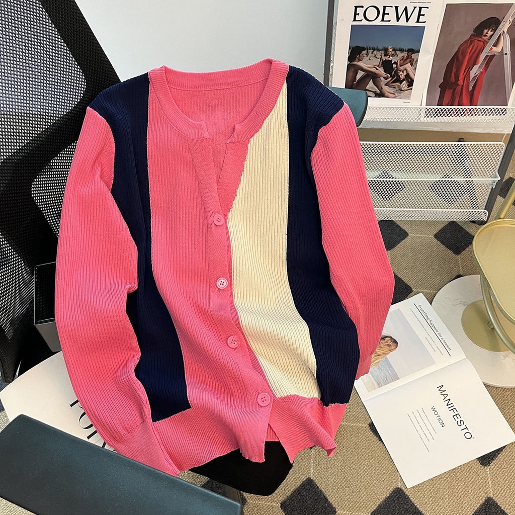 Áo Khoác Cardigan Dệt Kim Màu Sắc Tương Phản Thời Trang Cho Nữ