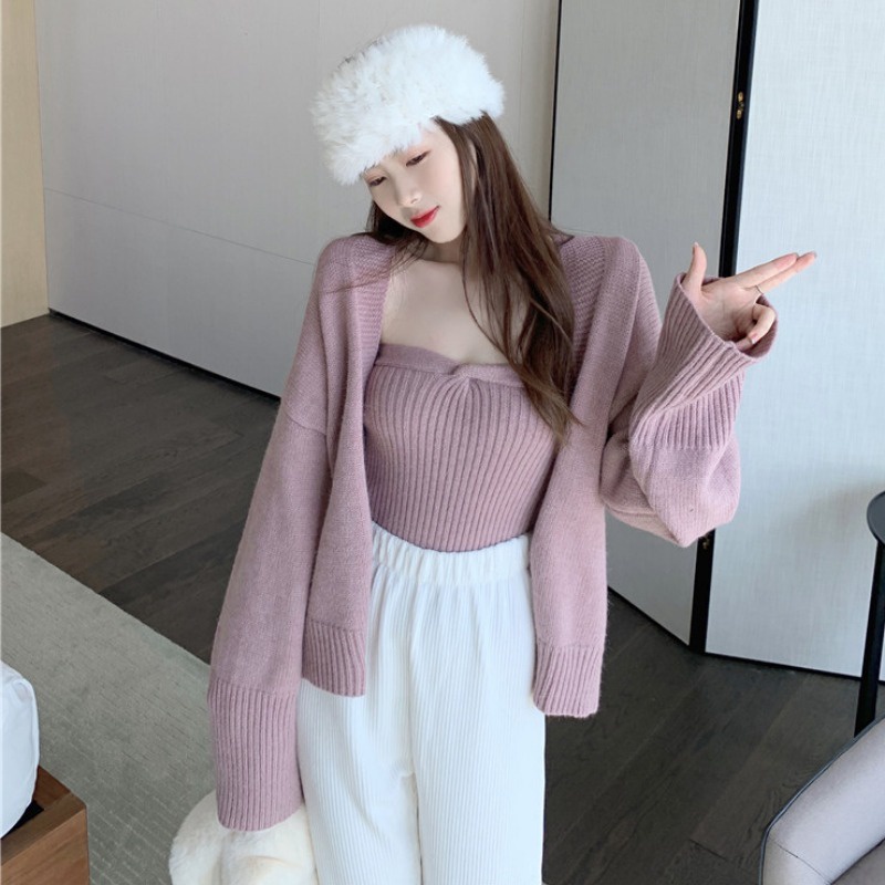 Set áo khoác cardigan dáng rộng + áo thun + quần ống rộng lưng thun thời trang mùa thu dành cho nữ