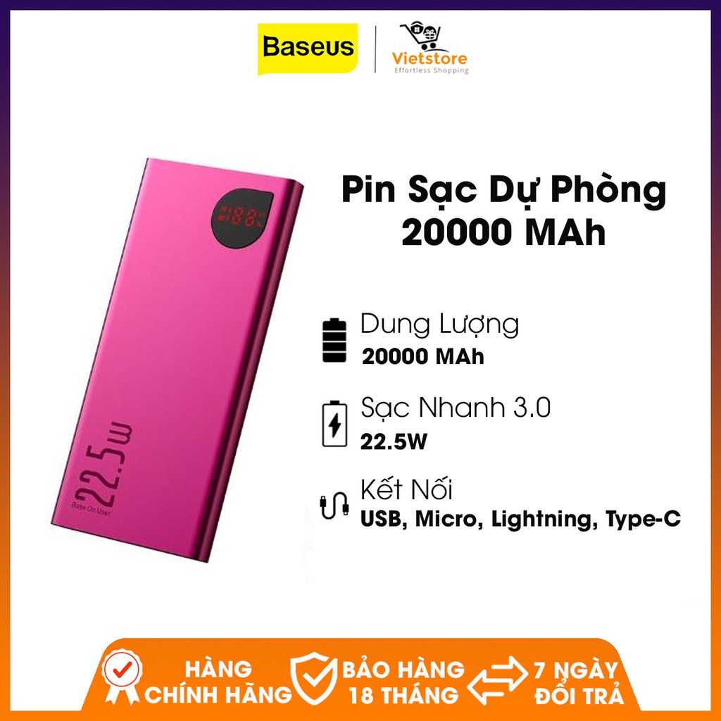 Pin sạc dự phòng Baseus 20000MAh, 5A, sạc nhanh 3.0 cho iPhone, Samsung, Xiaomi, Huawei