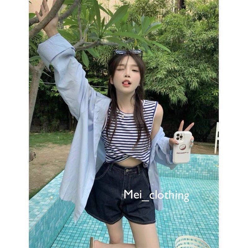 Set sơmi trơn kèm áo ba lỗ kẻ sọc phong cách Hàn Quốc, sơ mi nữ