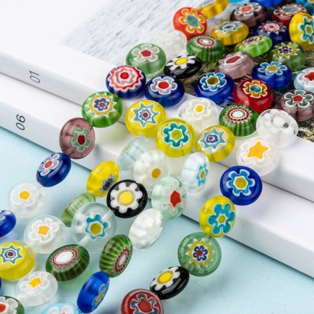 Sợi hạt thủy tinh millefiori tròn dẹt làm bằng tay pha màu 12x5mm lỗ 1mm khoảng 32 chiếc 14.1 inch