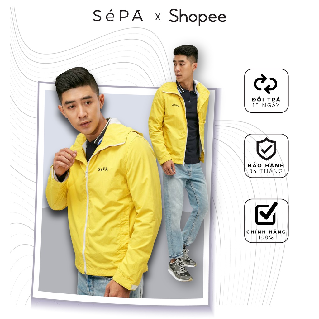 Áo Khoác Nam Dù, 2 Lớp, Có Nón, SéPA Fashion, Vải Dày, Chống Nắng, Nước, Thời Trang, Thể Thao, Màu Vàng, Trơn, Chất gió