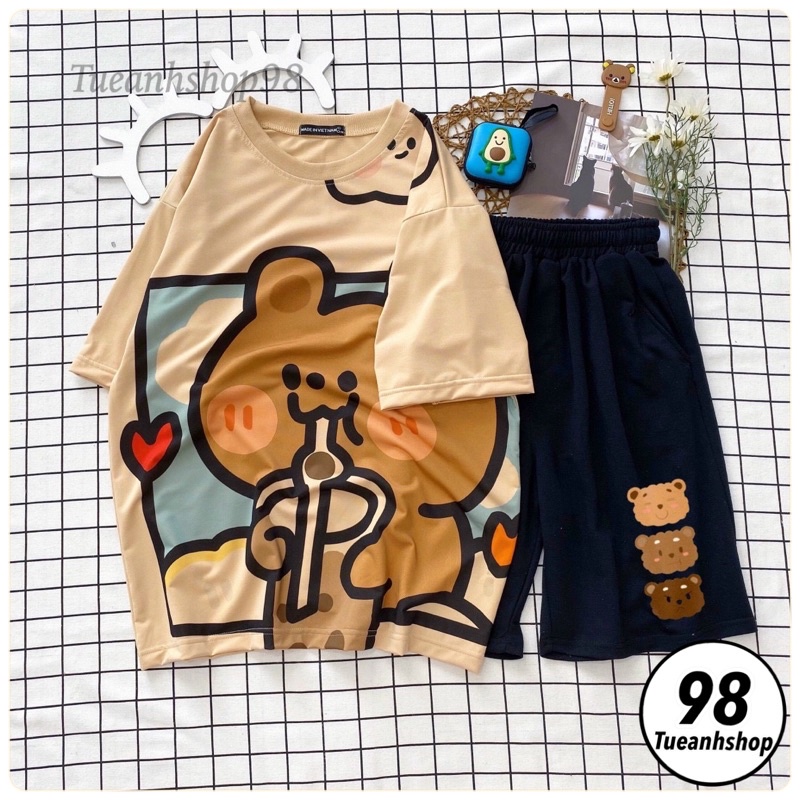 Đồ Bộ Hoạt Hình Set Cartoon Đùi GẤU NÂU ĐEN mặc nhà from rộng Unisex Freesize 38-70kg Nam nữ
