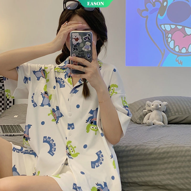 Bộ Đồ Ngủ Tay Ngắn In Họa Tiết Hoạt Hình Stitch Phong Cách Nhật Bản Thời Trang Mùa Hè Cho Nữ