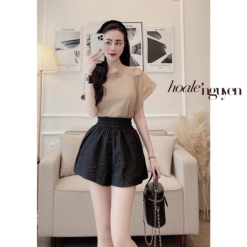 Quần đùi nữ cạp cao ống rộng bigsize vải xốp hoa dập hoa nổi Lavusa