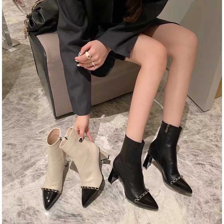 boots nữ bốt cổ cao gót vuông dẹt mũi nhọn đen da bóng xích thời trang Hàn quốc (fullbox)