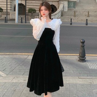 (ORDER) Set váy yếm hai dây nhung xòe bồng bềnh + Áo sơ mi cổ bẻ rộng nhún bèo style tiểu thư kiểu Pháp dự tiệc