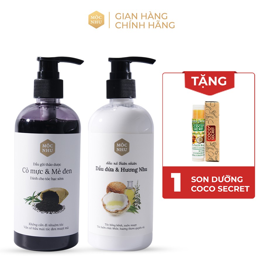 Combo Dầu Gội Cỏ Mực + Dầu Xả Dầu Dừa Mộc Nhu (300ml/chai) - Phủ Đen Tóc Bạc