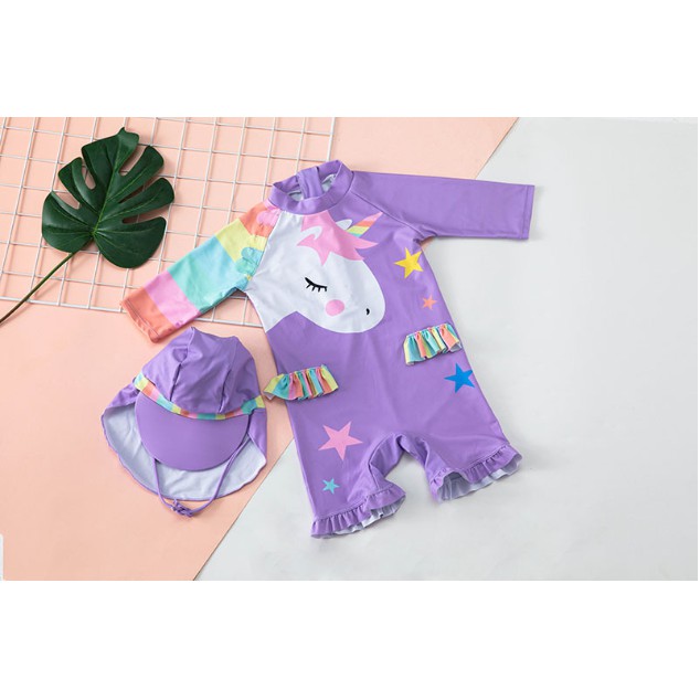 HÀNG LOẠI 1_SET ĐỒ BƠI LIỀN KIỂU HÀN QUỐC MỚI NHẤT CHO BÉ GÁI HỌA TIẾT NGỰA PONY TÍM TẶNG KÈM MŨ BƠI CHỐNG NẮNG