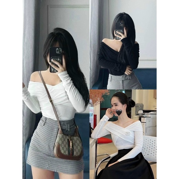 Xả hàng - Áo thun trễ vai dài tay thun giấy, Áo kiểu dáng ôm sexxy AT1507 - NhiNhi Shop