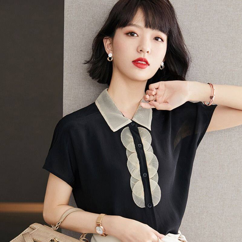 Áo Sơ Mi Đen Tay Ngắn Dáng Rộng Thiết Kế Đơn Giản Thời Trang Công Sở Cho Nữ Mới