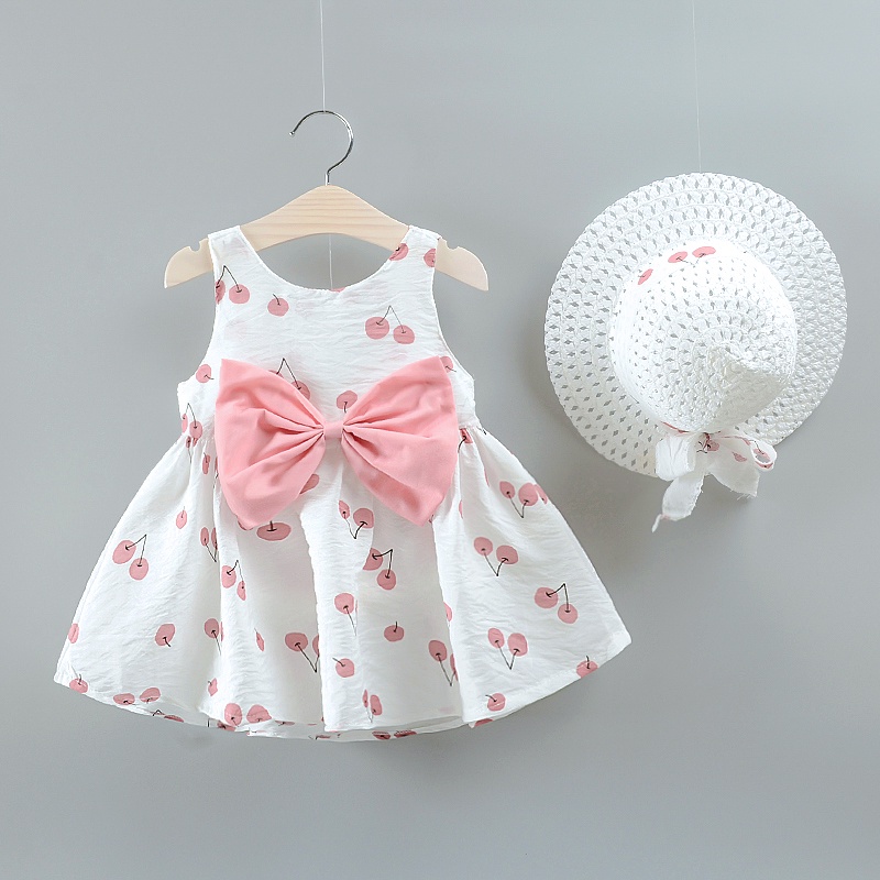 2 cái 2023 mùa hè mới cho trẻ mới biết đi váy cherry print bow dress a-line dress with sun hat
