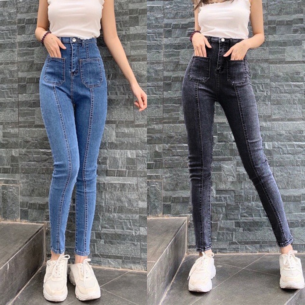 Quần dài jeans nữ co giãn cạp siêu cao SAIGONJEAN đắp 2 túi vuông QD004 – quần bò nữ cạp siêu cao | BigBuy360 - bigbuy360.vn