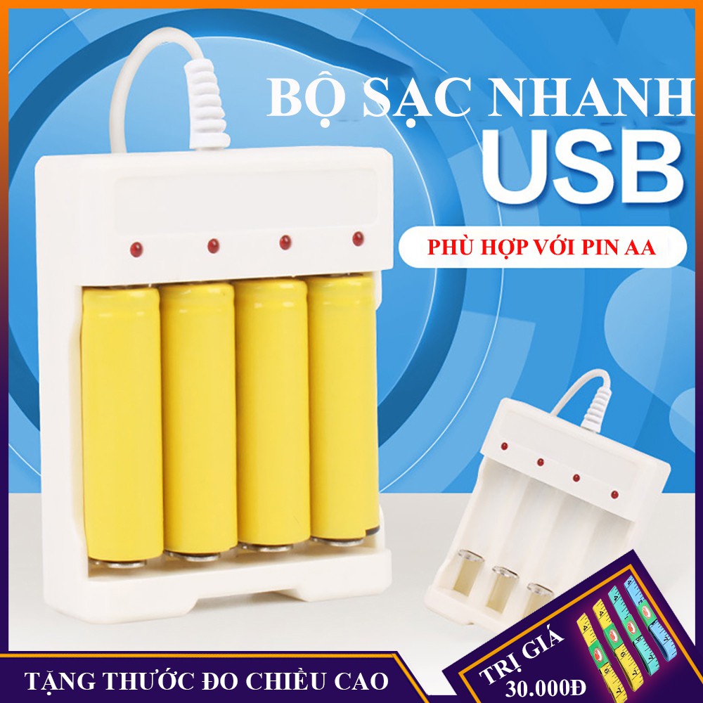 Bộ sạc pin tiểu AA cổng USB tặng kèm 4 pin AA, bảo hành 3 tháng, lỗi đổi mới trong 7 ngày đầu nhận hàng