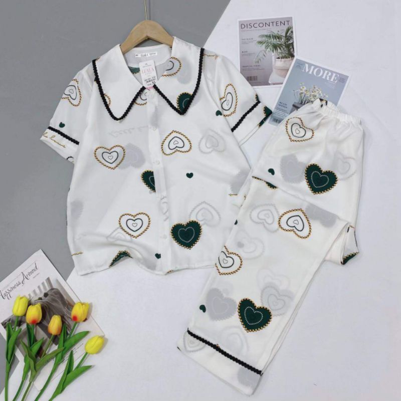 BỘ ĐỒ NGỦ NỮ PIJAMA LỤA MANGO TAY CỘC QUẦN DÀI CỔ SEN SIÊU THANH LỊCH