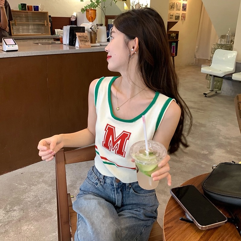 Áo Dệt Kim Sát Nách Thêu Chữ Phối Màu Tương Phản Kiểu Retro Thời Trang