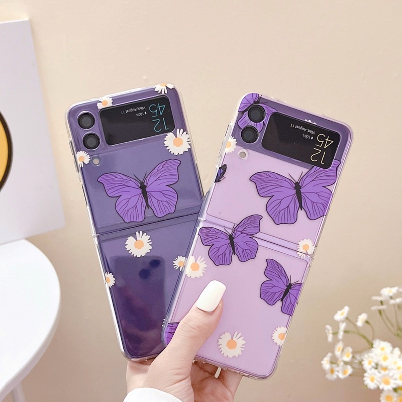 Ốp Điện Thoại Cứng Nắp Gập Trong Suốt Họa Tiết Hoa Cúc / Bươm Bướm Màu Tím Chống Sốc Cho Samsung Galaxy Z Flip 3 4 5