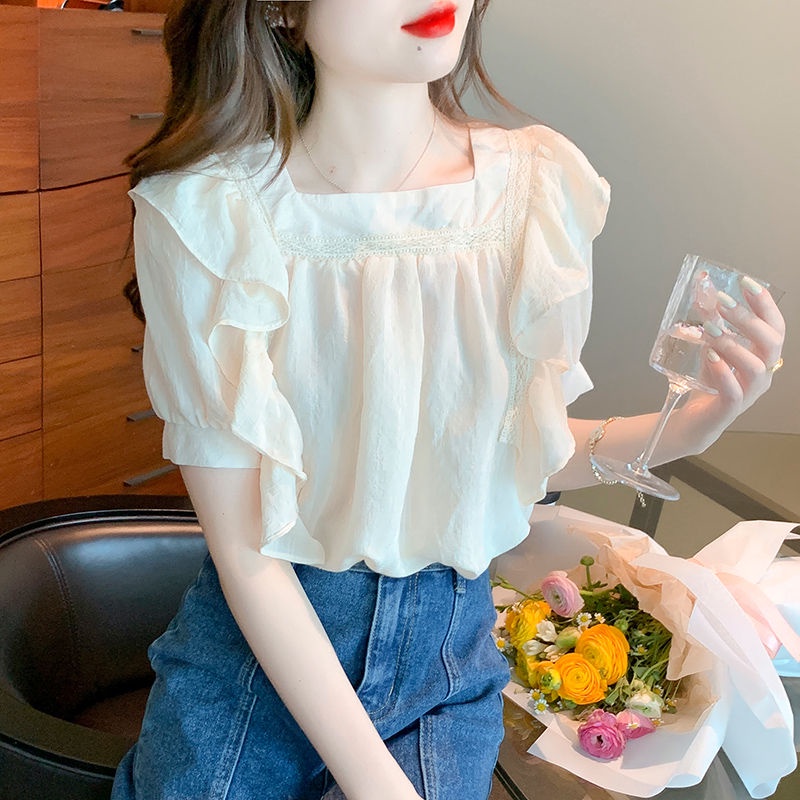 Áo Sơ Mi Tay Ngắn Cổ Vuông Phong Cách Thời Trang Hàn Quốc Cho Nữ