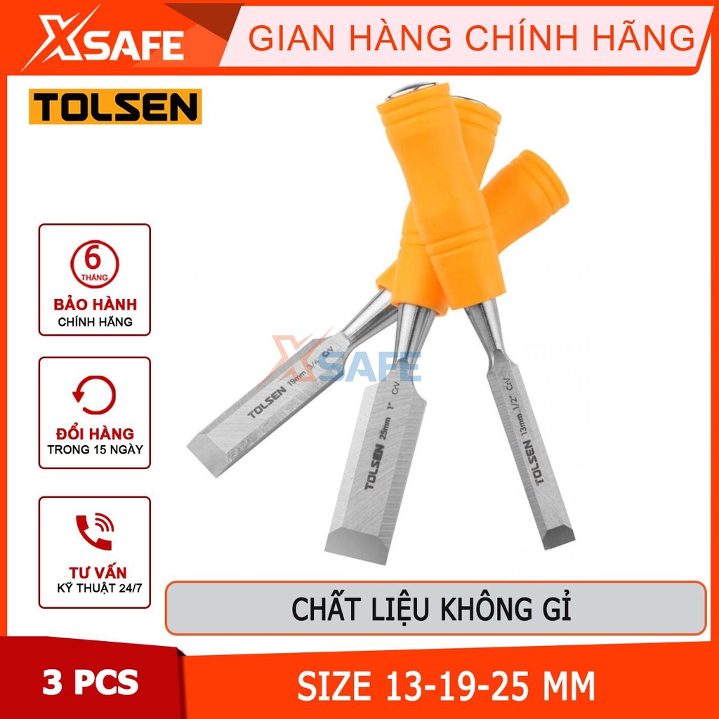 Bộ 3 đục gỗ Tolsen 25380 thép cr-v rắn chắc, 3 kích thước 1, 1/2, 3/4 inch, tay cầm nhựa chắc chắn [CHÍNH HÃNG][XSAFE]