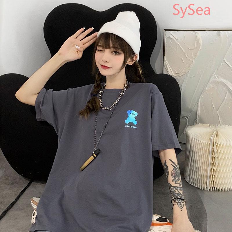 Áo Thun Cotton Tay Ngắn Dáng Rộng In Hình Gấu Phản Quang Độc Đáo Hợp Thời Trang