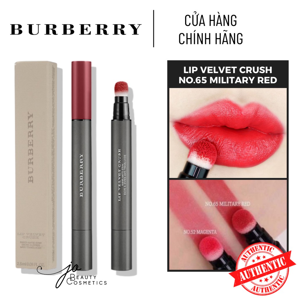 Son kem lì đầu bông Burberry✨ĐỎ CỔ ĐIỂN✨Lip Velvet Crush No.65 Military Red – Chất son mỏng nhẹ