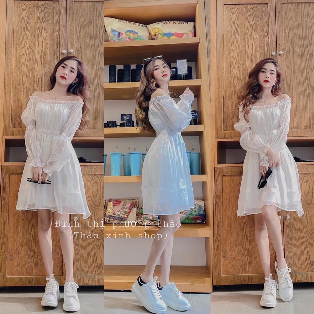 Đầm sheer trắng đen trễ vai bo eo | BigBuy360 - bigbuy360.vn