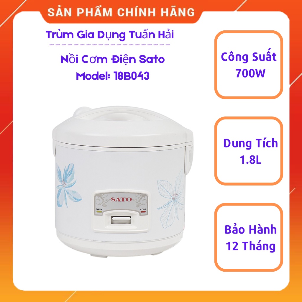 Nồi Cơm Điện 1.8L SATO 18B043, Thiết Kế Sang Trọng Tao Nhã, Ủ Ấm Đa Chiều