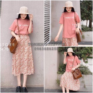 (VNXK) SET ÁO THUN HỒNG JET 'AIME MIX CHÂN VÁY HOA VINTAGE DÁNG DÀI - CHÂN VÁY MIDI HOA NHÍ ULZZANG