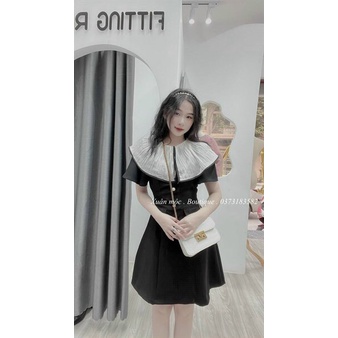 (Ưu Đãi FreeShip) Đầm tiểu thư cổ phối,chiếc đầm tone đen sang trọng nút ngọc cao cấp,dáng A xòe nhẹ,lên from cực xinh