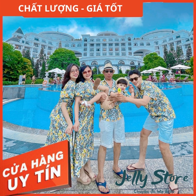 Set đồ Gia Đình Cotton hoa vàng lá xanh, thắt nơ sau, kèm ảnh thật