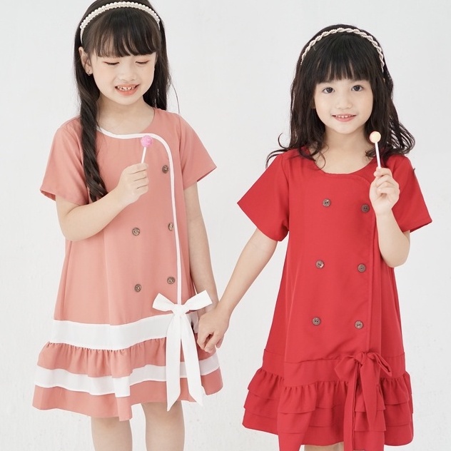 Váy đầm bé gái đỏ dáng suông thắt nơ vải trượt nhật cao cấp mùa hè Sunkid SM màu đỏ size trẻ em 4-12 tuổi