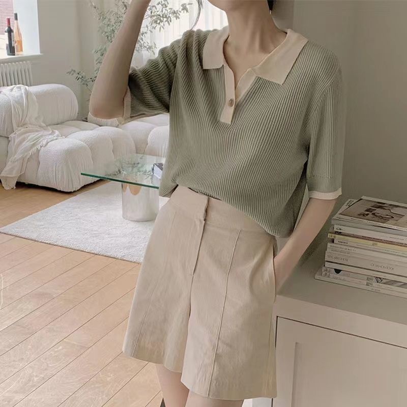 Áo croptop Thun polo Tay Ngắn Vải Lụa Lạnh Mỏng Thời Trang Mùa Hè Cho Nữ