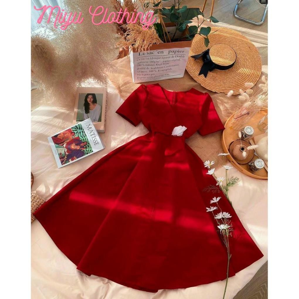 Váy đẹp dự tiệc đỏ đầm trắng sang trọng nữ đi tiệc cổ tim dài dáng xòe tay phồng Miyuclothing