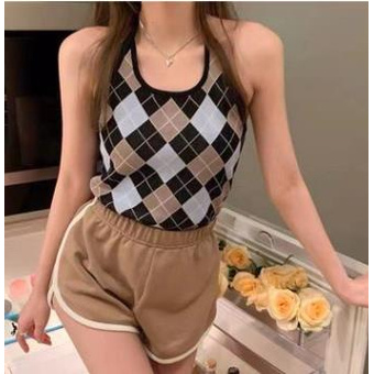 Áo dệt kim sát nách cổ chữ U in họa tiết hình thoi thời trang mùa hè dành cho nữ | BigBuy360 - bigbuy360.vn