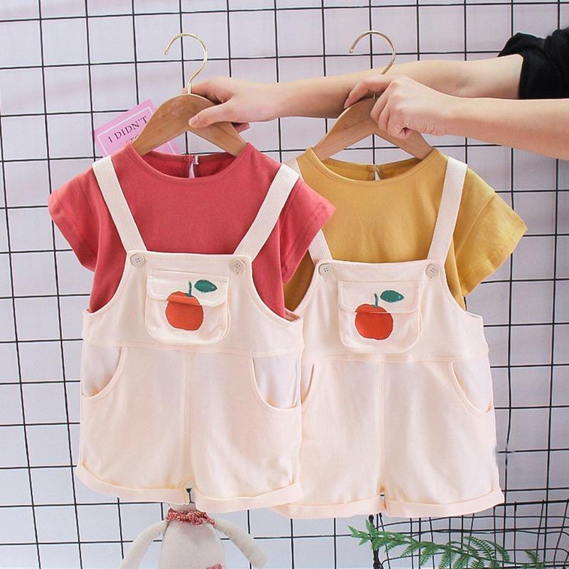 Bộ Áo Thun Tay Ngắn + Quần Yếm Màu Trơn Dễ Thương Cho Bé Gái 1-4 Tuổi