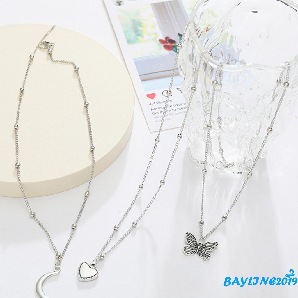 Bộ 3 Vòng cổ hợp kim mặt hình bướm mặt trăng trái tim sáng tạo cho nữ