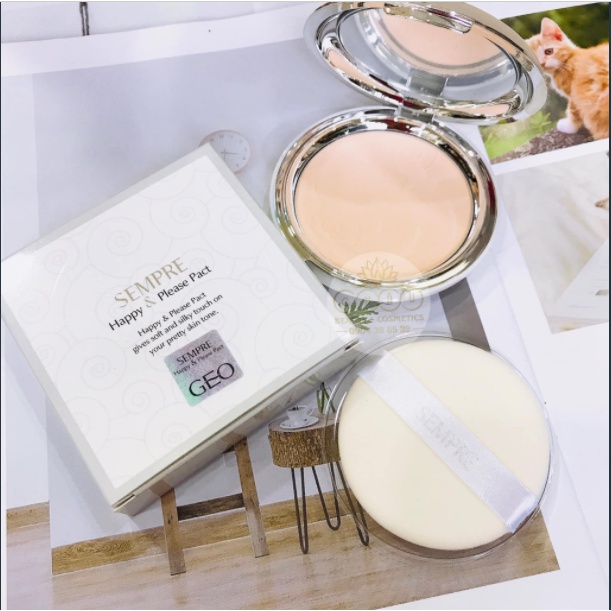 phấn nền Sempre Happy &amp; Please Pact Geo nâng tone kiềm dầu che khuyết điểm chống nước chống nắng SPF 20 chống bết dính